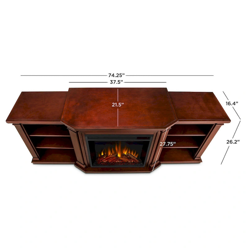 Valmont 74.25  Electric TV Stand Fireplace in Dark Mahogany by Real Flame - 75.5 W x 21.5 D x 27.7 H