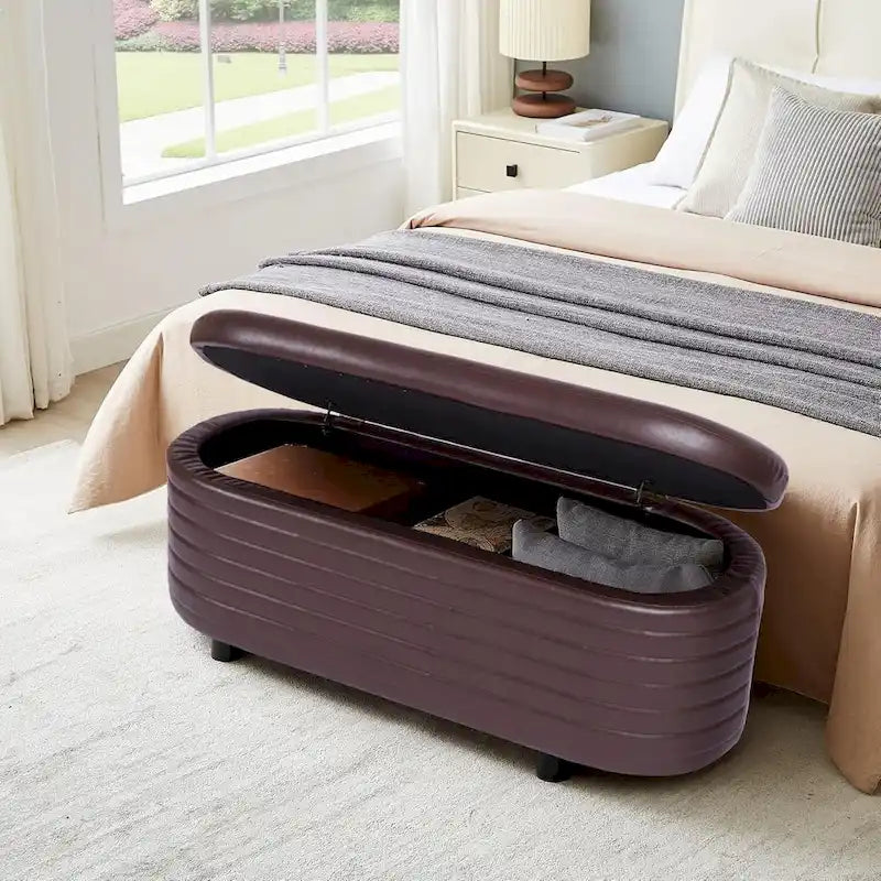 Modern Home PU Leather Storage Bench, Entryway Padded Footstool with Solid Wood Legs, End of Bed Seat for Living Room Bedroom