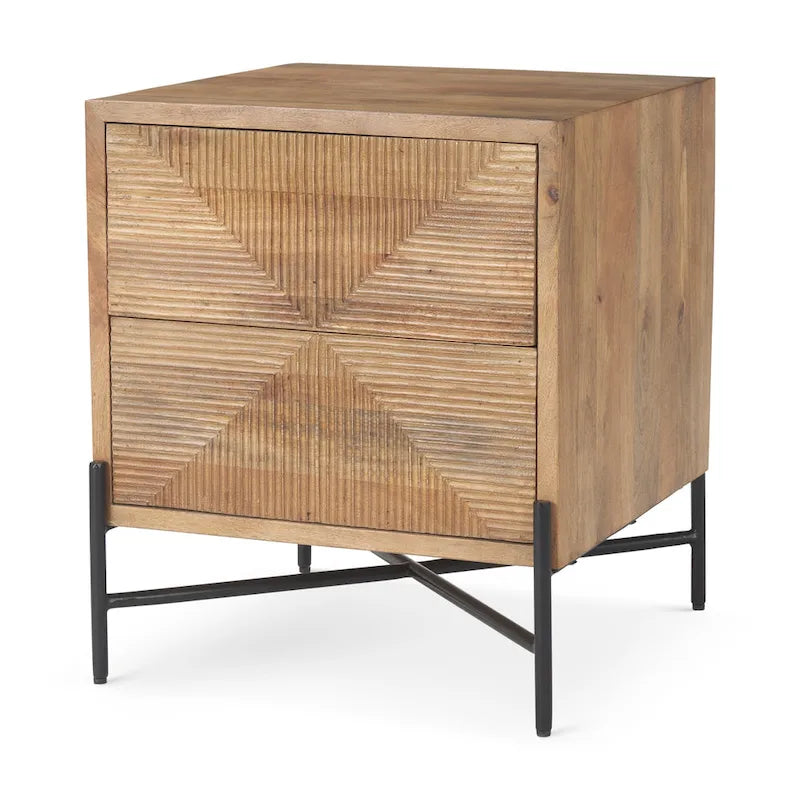 Cairo Light Brown Solid Wood w/ Black Iron Frame & 2 Drawer Accent Table - 22 L x 22 W x 26 H