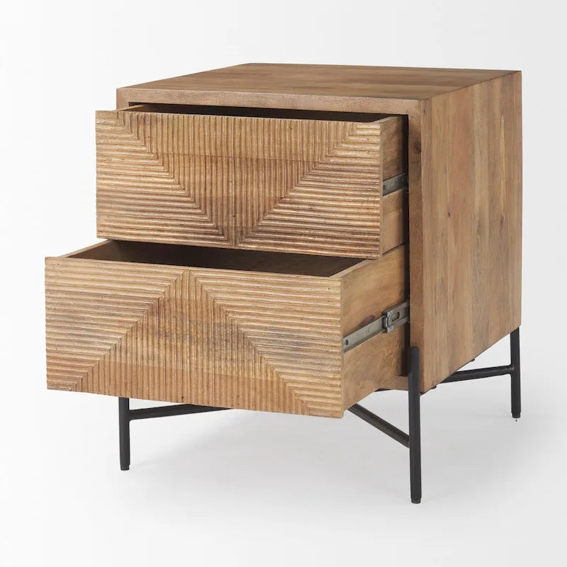 Cairo Light Brown Solid Wood w/ Black Iron Frame & 2 Drawer Accent Table - 22 L x 22 W x 26 H