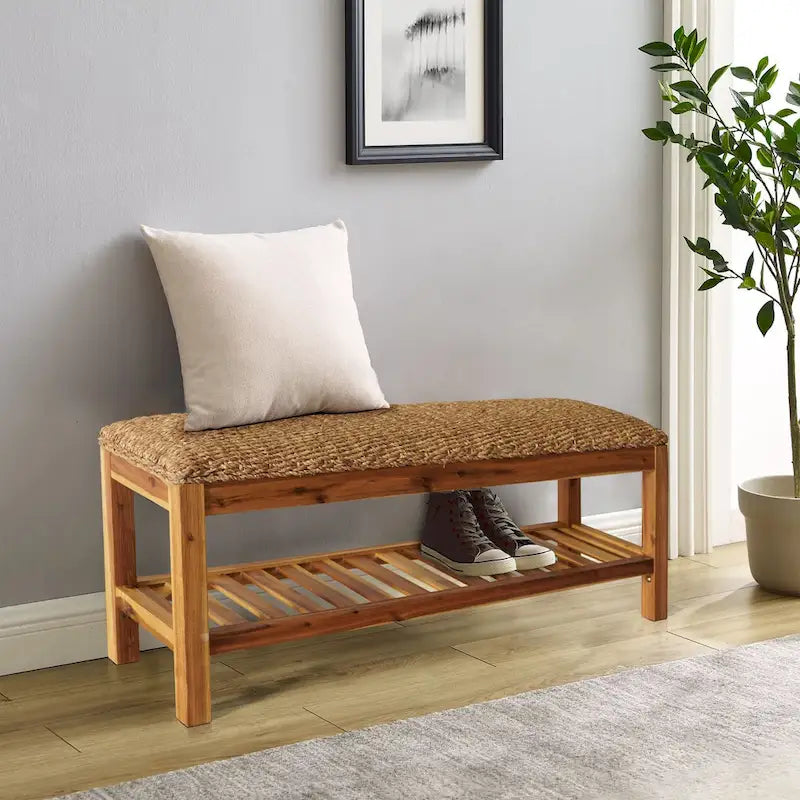 M4H Lindos Water Hyacinth & Solid Wood Storage Shoes Bench