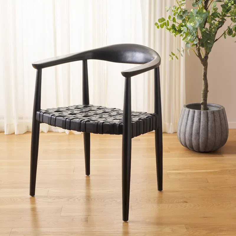 SAFAVIEH Birtie Woven Leather & Solid Wood Accent Chair (Fully Assembled) - W25  x D22  x H22  - 25Wx22Dx22H