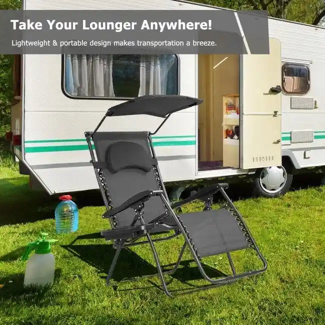 Folding Recliner Lounge Chair w/ Shade Canopy Cup Holder - Gray
