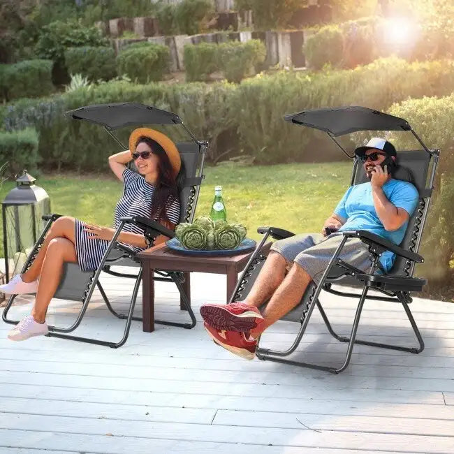 Folding Recliner Lounge Chair w/ Shade Canopy Cup Holder - Gray