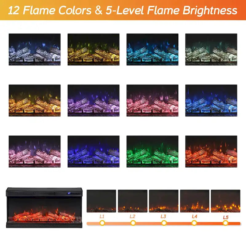WAMPAT 36 inch 3 Sided Glass Electric Fireplace InsertBlack