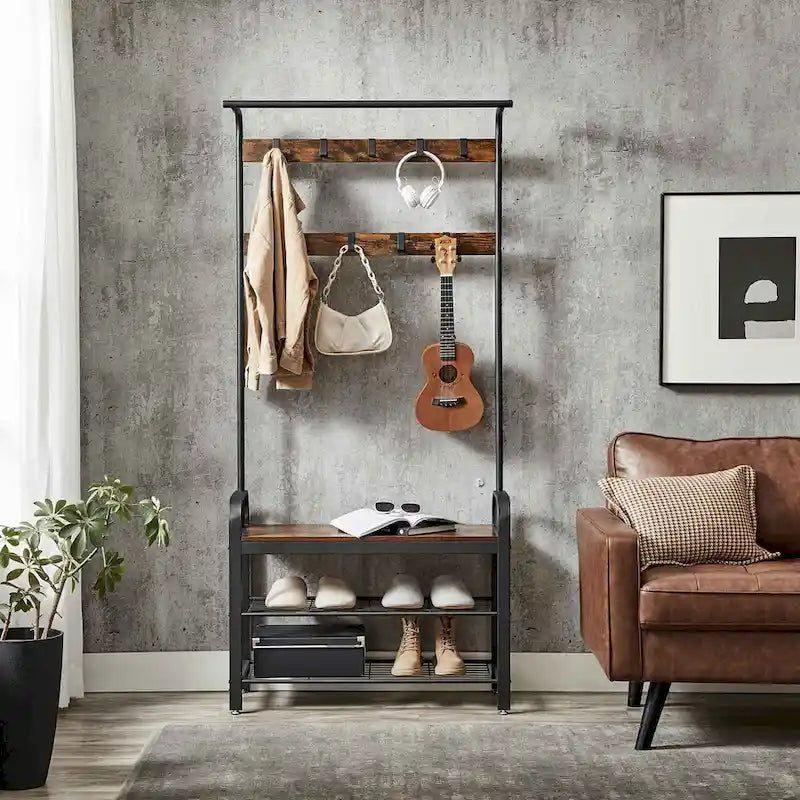 Coat Rack, Hall Tree with Shoe Bench for Entryway, 3-in-1 Design, Easy Assembly, Rustic Brown and Black