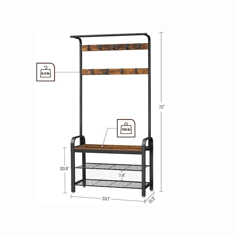 Coat Rack, Hall Tree with Shoe Bench for Entryway, 3-in-1 Design, Easy Assembly, Rustic Brown and Black