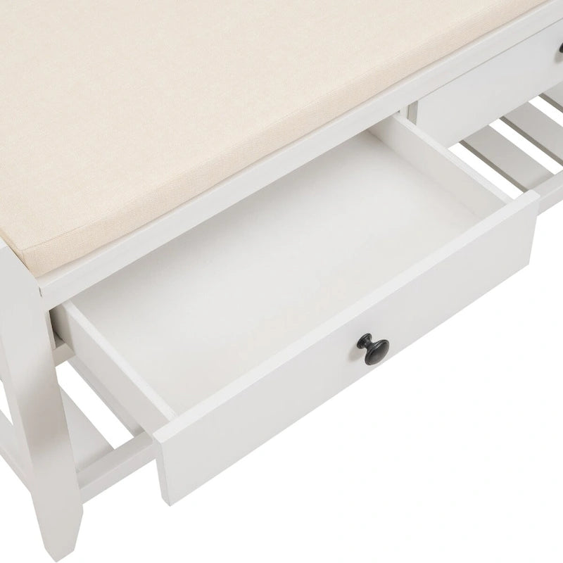 White Entryway Storage Bench with Cushioned Seat and Drawers