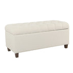 Fabric Upholstered Button Tufted Wooden Bench With Hinged Storage, White and Brown - 18 H x 40 W x 18 L Inches