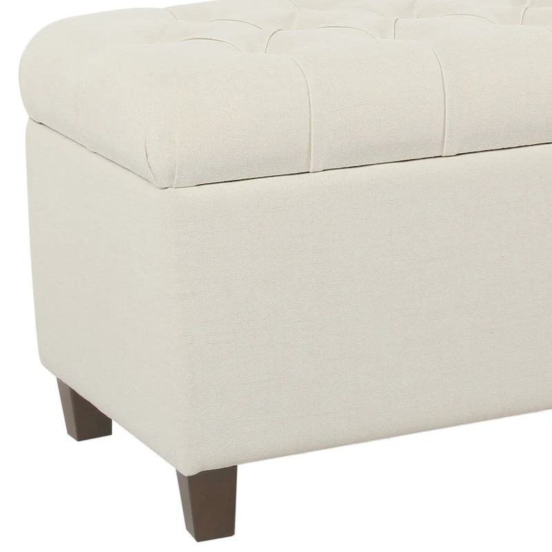 Fabric Upholstered Button Tufted Wooden Bench With Hinged Storage, White and Brown - 18 H x 40 W x 18 L Inches