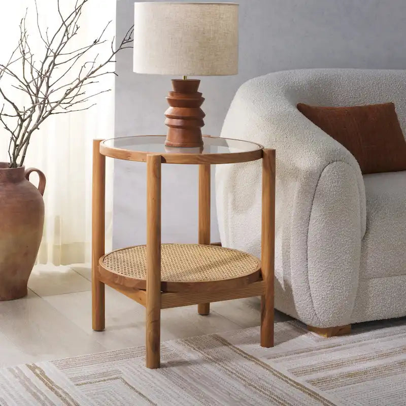 SAFAVIEH Couture Alberdine Rattan/Glass Accent Table - 23 In. W x 23 In. D x 24 In. H - 23 W x 23 D x 24 H