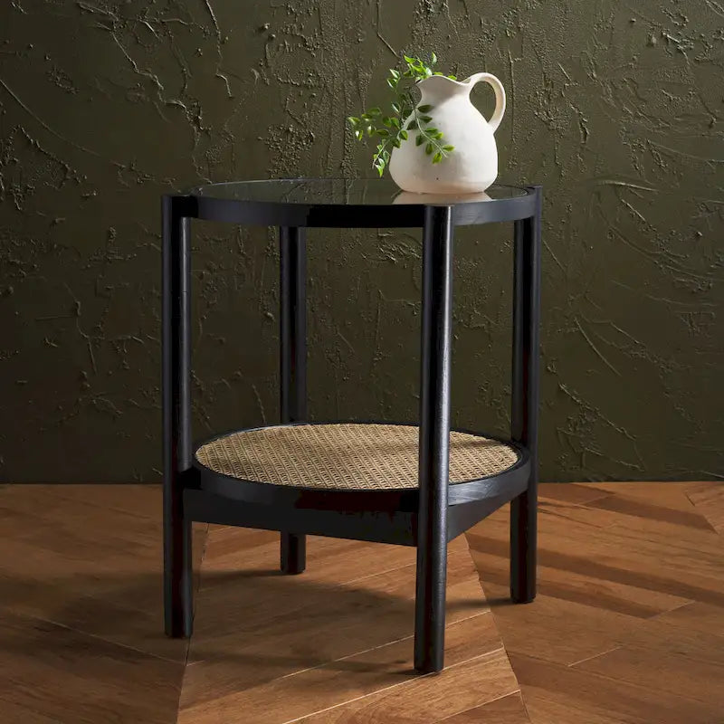 SAFAVIEH Couture Alberdine Rattan/Glass Accent Table - 23 In. W x 23 In. D x 24 In. H - 23 W x 23 D x 24 H
