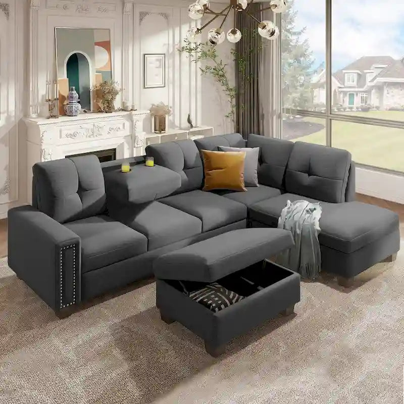 Reversible L-Shaped Sectional Sofa with Storage Ottoman