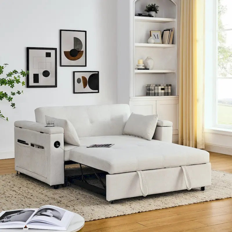 54  Pull-Out Sleeper Sofa Bed, 2 Seat Recliner Sofa Bed with Storage, Lumbar Pillow, USB Power Outlet