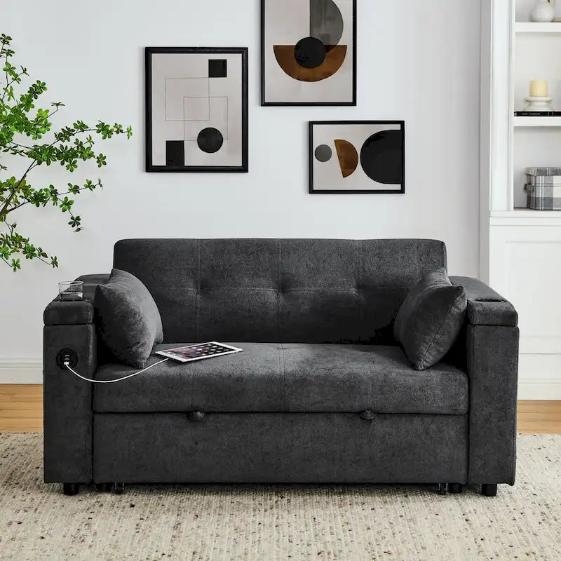 54  Pull-Out Sleeper Sofa Bed, 2 Seat Recliner Sofa Bed with Storage, Lumbar Pillow, USB Power Outlet