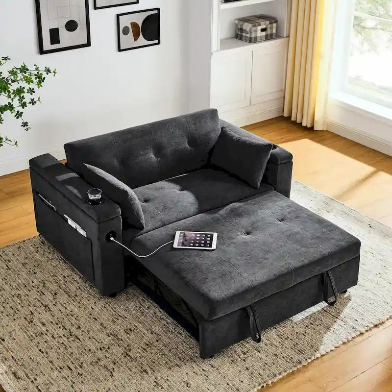 54  Pull-Out Sleeper Sofa Bed, 2 Seat Recliner Sofa Bed with Storage, Lumbar Pillow, USB Power Outlet