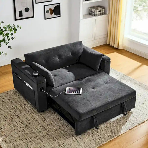 54  Pull-Out Sleeper Sofa Bed, 2 Seat Recliner Sofa Bed with Storage, Lumbar Pillow, USB Power Outlet