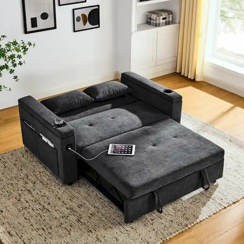 54  Pull-Out Sleeper Sofa Bed, 2 Seat Recliner Sofa Bed with Storage, Lumbar Pillow, USB Power Outlet
