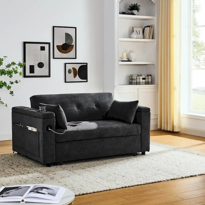 54  Pull-Out Sleeper Sofa Bed, 2 Seat Recliner Sofa Bed with Storage, Lumbar Pillow, USB Power Outlet