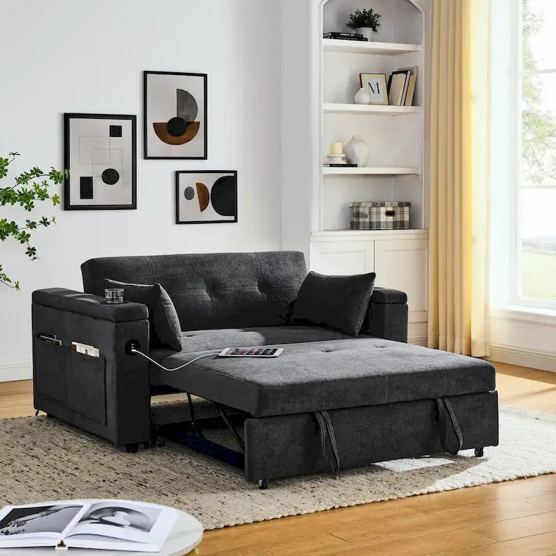 54  Pull-Out Sleeper Sofa Bed, 2 Seat Recliner Sofa Bed with Storage, Lumbar Pillow, USB Power Outlet