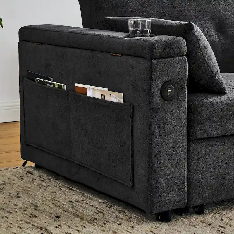 54  Pull-Out Sleeper Sofa Bed, 2 Seat Recliner Sofa Bed with Storage, Lumbar Pillow, USB Power Outlet