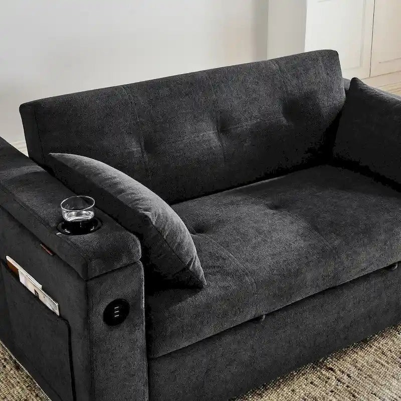 54  Pull-Out Sleeper Sofa Bed, 2 Seat Recliner Sofa Bed with Storage, Lumbar Pillow, USB Power Outlet
