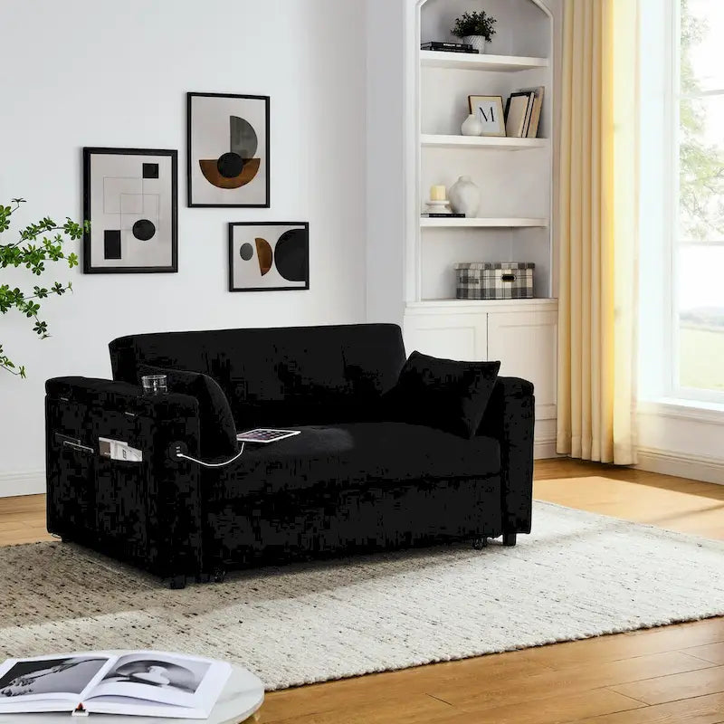 54  Pull-Out Sleeper Sofa Bed, 2 Seat Recliner Sofa Bed with Storage, Lumbar Pillow, USB Power Outlet