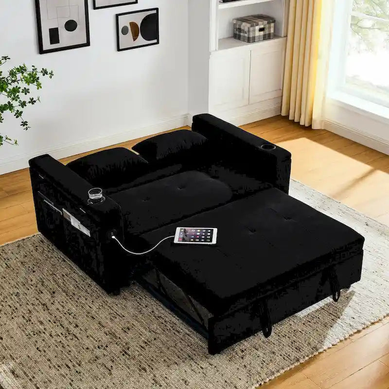 54  Pull-Out Sleeper Sofa Bed, 2 Seat Recliner Sofa Bed with Storage, Lumbar Pillow, USB Power Outlet