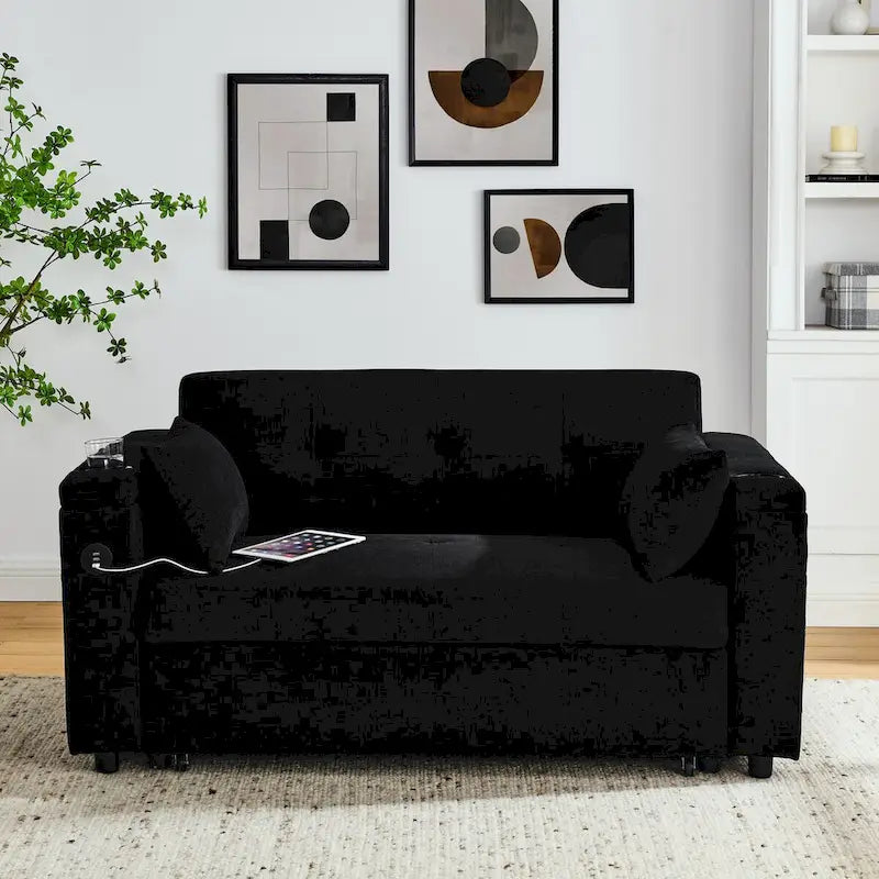 54  Pull-Out Sleeper Sofa Bed, 2 Seat Recliner Sofa Bed with Storage, Lumbar Pillow, USB Power Outlet