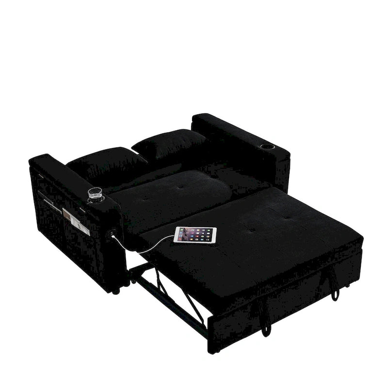 54  Pull-Out Sleeper Sofa Bed, 2 Seat Recliner Sofa Bed with Storage, Lumbar Pillow, USB Power Outlet