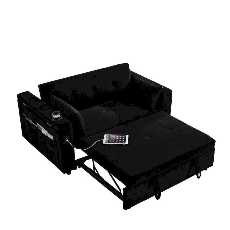 54  Pull-Out Sleeper Sofa Bed, 2 Seat Recliner Sofa Bed with Storage, Lumbar Pillow, USB Power Outlet