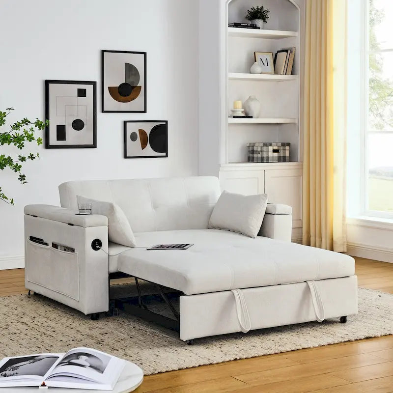 54  Pull-Out Sleeper Sofa Bed, 2 Seat Recliner Sofa Bed with Storage, Lumbar Pillow, USB Power Outlet