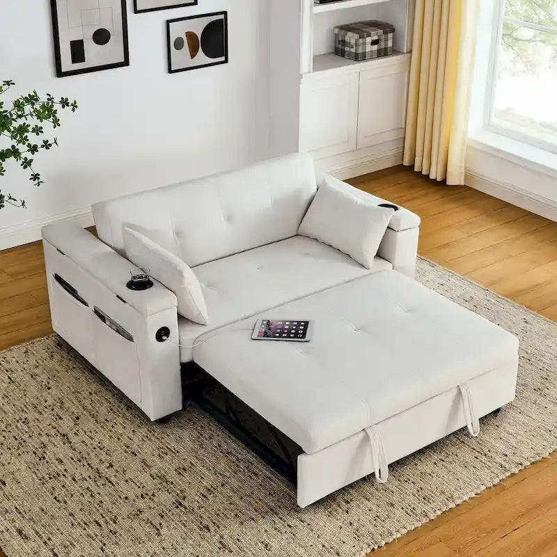 54  Pull-Out Sleeper Sofa Bed, 2 Seat Recliner Sofa Bed with Storage, Lumbar Pillow, USB Power Outlet