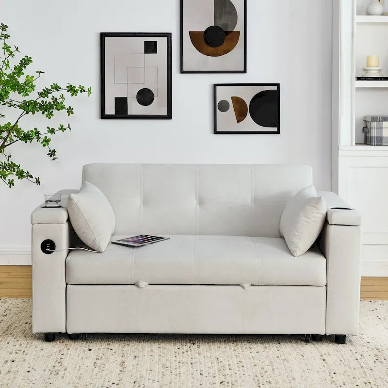 54  Pull-Out Sleeper Sofa Bed, 2 Seat Recliner Sofa Bed with Storage, Lumbar Pillow, USB Power Outlet