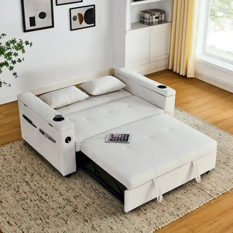 54  Pull-Out Sleeper Sofa Bed, 2 Seat Recliner Sofa Bed with Storage, Lumbar Pillow, USB Power Outlet