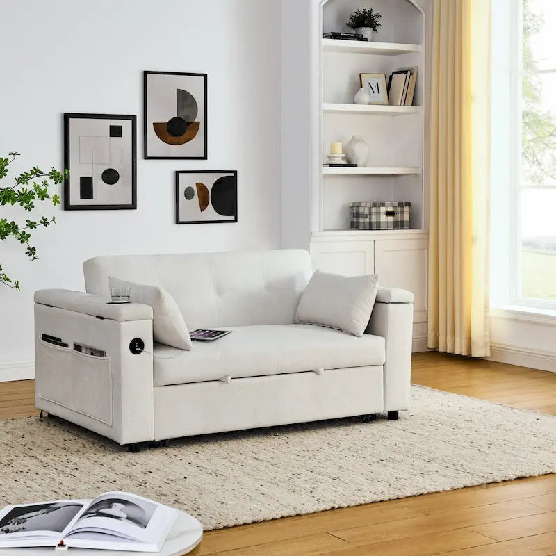 54  Pull-Out Sleeper Sofa Bed, 2 Seat Recliner Sofa Bed with Storage, Lumbar Pillow, USB Power Outlet