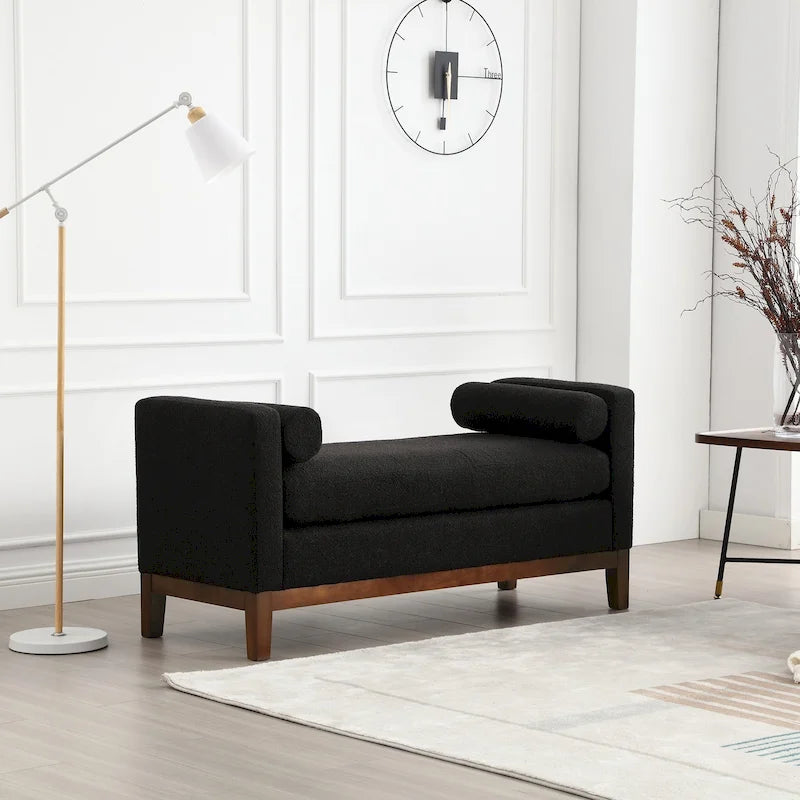 Upholstered Bench Wood Legs and Bolster Pillows