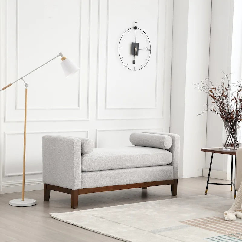 Upholstered Bench Wood Legs and Bolster Pillows