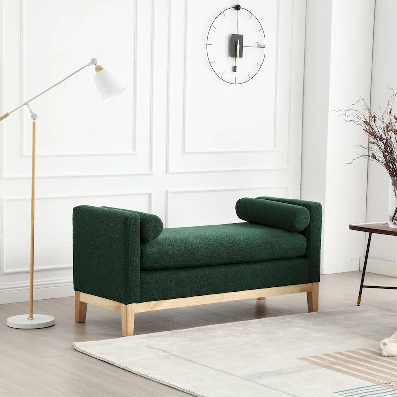 Upholstered Bench Wood Legs and Bolster Pillows