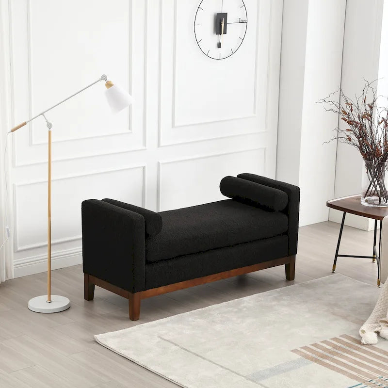 Upholstered Bench Wood Legs and Bolster Pillows