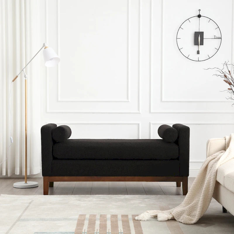 Upholstered Bench Wood Legs and Bolster Pillows