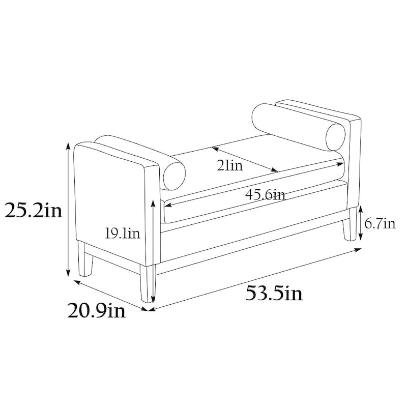 Upholstered Bench Wood Legs and Bolster Pillows