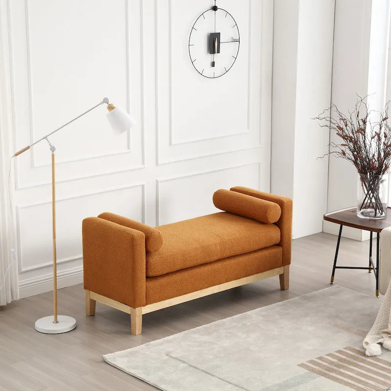 Upholstered Bench Wood Legs and Bolster Pillows