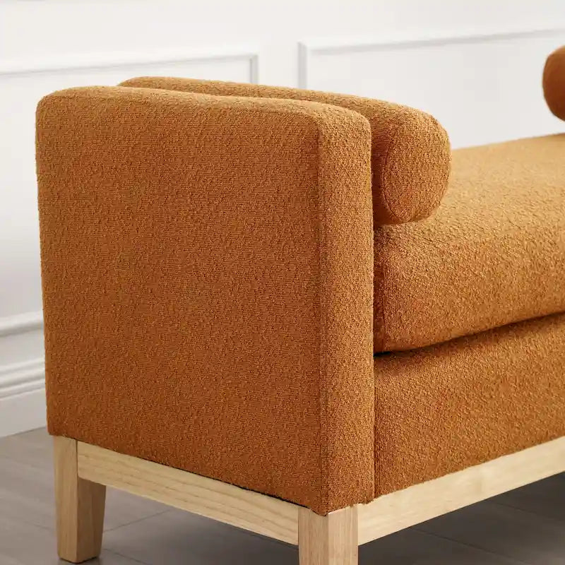 Upholstered Bench Wood Legs and Bolster Pillows
