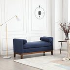 Upholstered Bench Wood Legs and Bolster Pillows