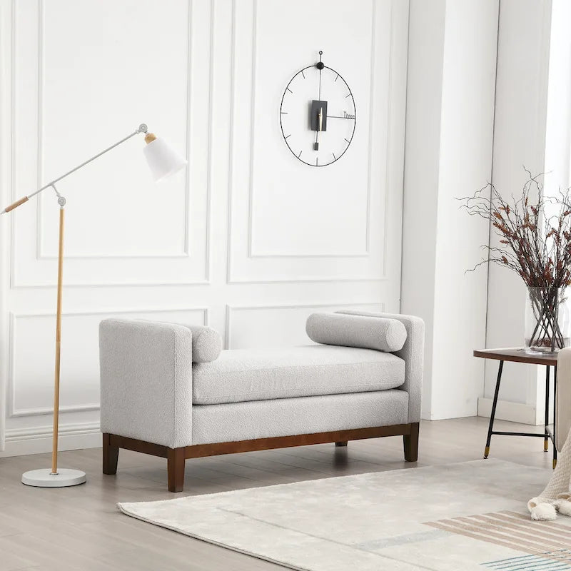 Upholstered Bench Wood Legs and Bolster Pillows