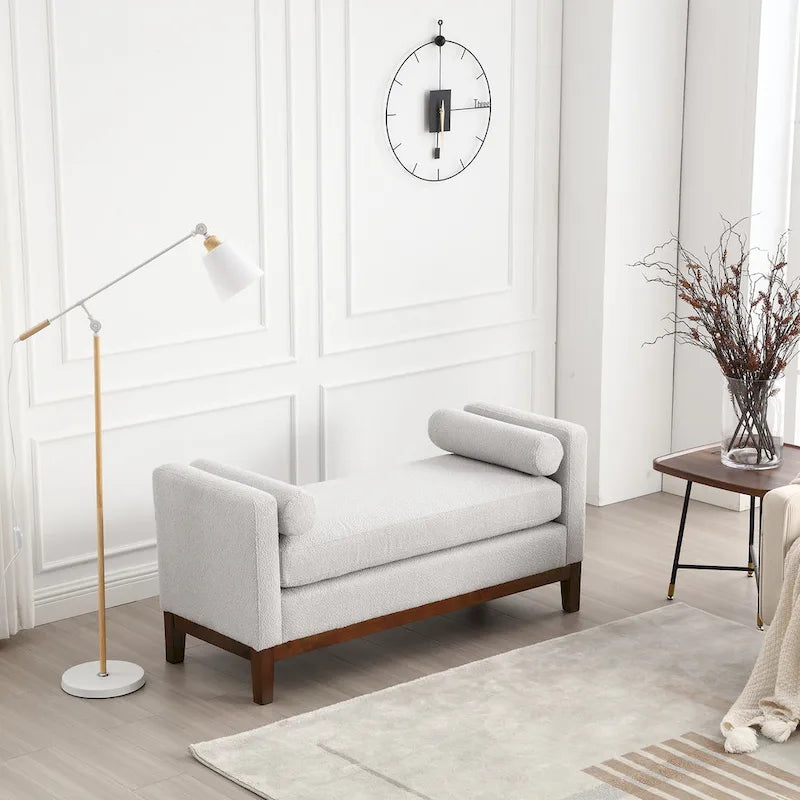 Upholstered Bench Wood Legs and Bolster Pillows