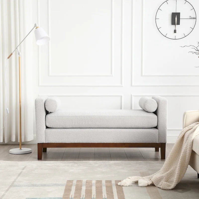 Upholstered Bench Wood Legs and Bolster Pillows
