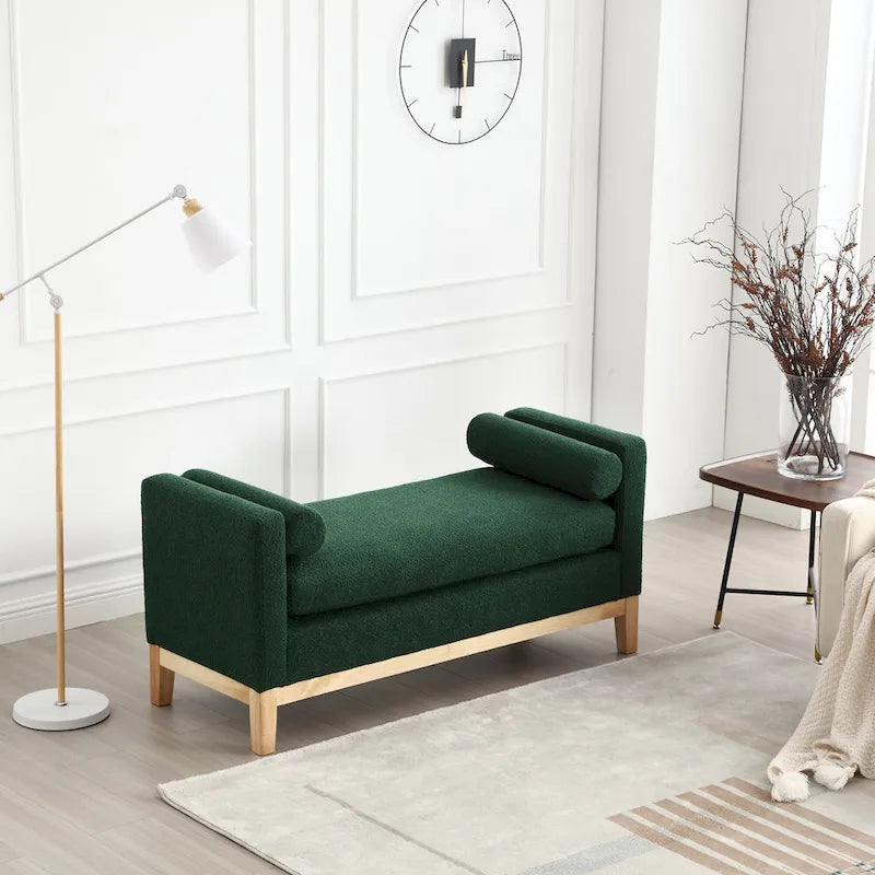 Upholstered Bench Wood Legs and Bolster Pillows
