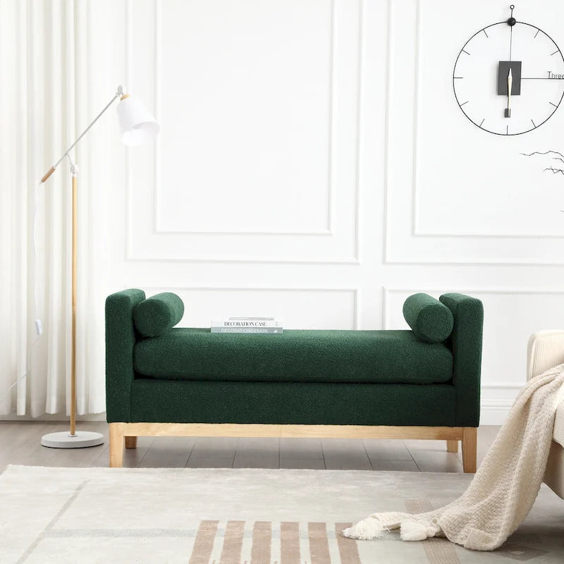 Upholstered Bench Wood Legs and Bolster Pillows